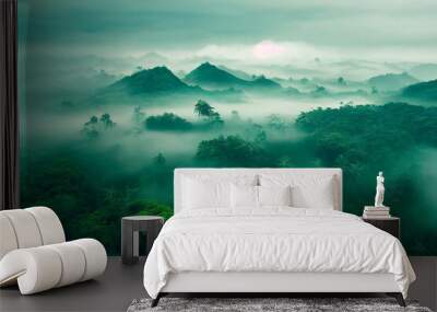 Foggy landscape in the jungle. Fog and cloud mountain tropic valley landscape. aerial view Wall mural