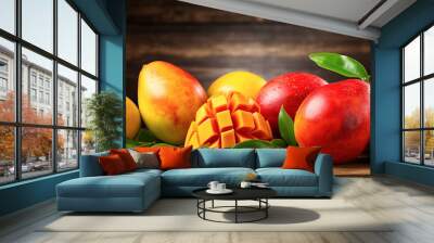 Fresh delicious sweet mangoes on a wooden background. Tropical Fruits.   Wall mural