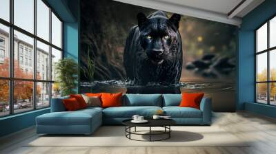 Front view of Panther on dark background. Predator series. digital art	 Wall mural