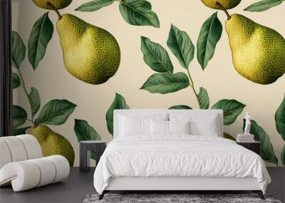 Fruit pattern. Seamless pattern of pears and leaves. Vintage botanical 3d illustration. Wall mural