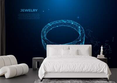 gold ring with a diamond from particles, lines and triangles on blue background. polygonal wireframe Wall mural