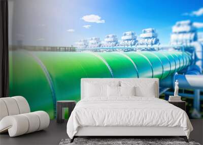 Green Hydrogen renewable energy production pipeline. Blurred Green hydrogen gas for clean electricity solar and wind turbine facility.	 Wall mural