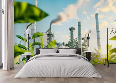 Green industry eco power for sustainable energy saving environmental friendly low carbon footprint. Green factory industry for good environment ozone air low carbon footprint production concept.	 Wall mural