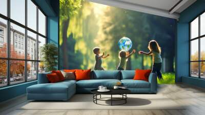 Group of children play with planet earth over defocused nature background with copy space. multiracial children holding world in hands against green spring background. Earth day concept.
 Wall mural