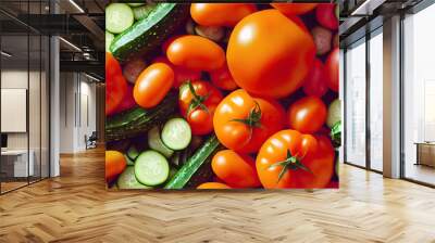 Heap of whole wet tomatoes and cucumbers.Seamless background for wrappers, fabrics, wallpapers,  banners, 3d rendering. Top view point, full frame.
 Wall mural