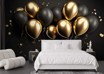 Holiday celebration background with Black Gold balloons, gifts and confetti. Happy holiday greeting card, party invite, banner, invitation or certificates with copy space. Wall mural