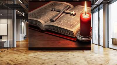 Holy Bible with silver Cross with red candle. digital ai art Wall mural