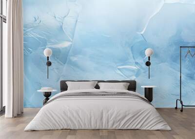 Ice texture background. The textured cold frosty surface of ice block on blue background. Wall mural