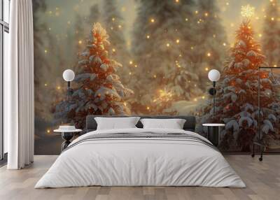 Illuminated christmas tree in the shining snow at night on shining bokeh backbround. Christmas and New Year holidays background with Snow in vintage style. Happy new 2023 year. 	 Wall mural