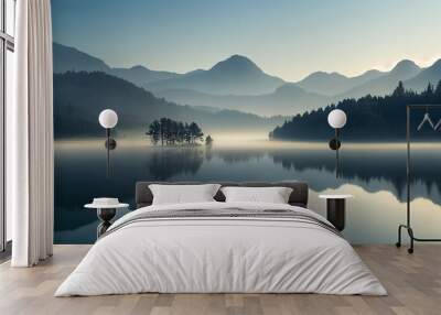 Lake panorama in a foggy morning with glaciers mountains and reflection Wall mural