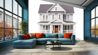 Model of two-story house in classic style, white, gray roof, isolated on white transparent background, png. exterior of home Wall mural