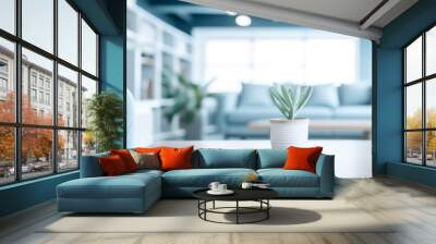 Modern blue living room design with sofa and furniture. Blurred bright living room with sofa and flowers. wide panorama, use for background, digital ai Wall mural