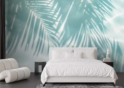 Palm Leaf Shadows on Blue Water. Spa and Wellness Concept for Relaxation and Beauty. Tropical Minimalism and Skincare and Wellness Wall mural