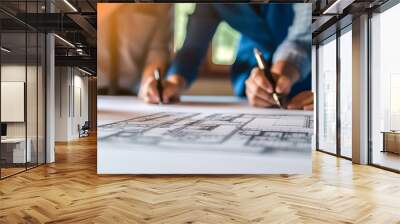 Person's engineer Hand Drawing Plan On Blue Print. Architects and engineer discussing at the table, team work and work flow construction concept. ai Wall mural