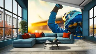 Race car driver celebrating the win, racing driver celebrating with champagne spray, gran prix.  Wall mural