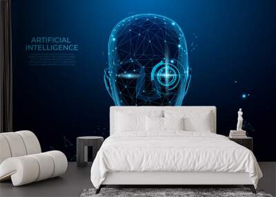 Robot or cyborg man with AI. Robot with artificial intelligence.  Machine, learning. Biometric scanning, 3D scanning. Face ID. Face recognition. scan technology.Polygon vector wireframe concept Wall mural