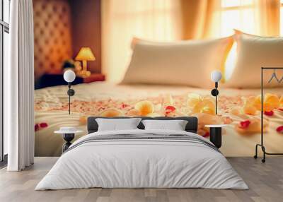 Rose on the bed in the hotel rooms. Rose and her petals on the bed for a romantic evening	 Wall mural