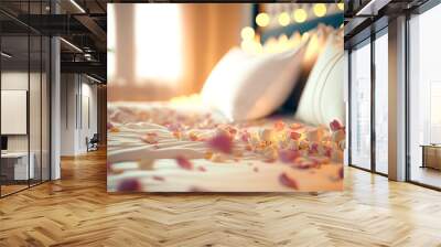 Rose on the bed in the hotel rooms. Rose and her petals on the bed for a romantic evening Wall mural