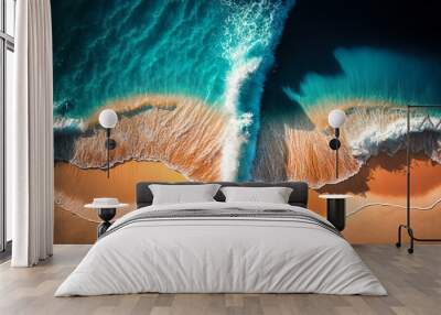 Sea and beach aerial view, Top view, amazing nature background. A beautiful strip of white sand surrounded by crystal clear water. Aerial view of the sandy beach near the sea with waves.	 Wall mural