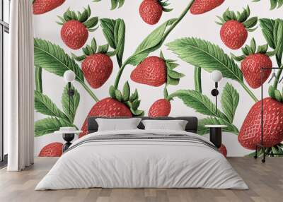 Seamless pattern with fresh strawberry with leaves on white background. Vintage botanical 3d illustration for printing fabric, wrapping paper, packaging. Wall mural