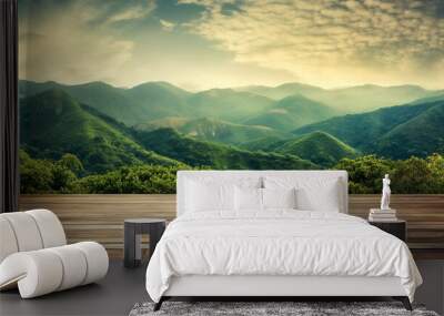 table background of free space for your decoration and blurred landscape of mountains. Blue sky with sun light and green small leaves.  Wall mural