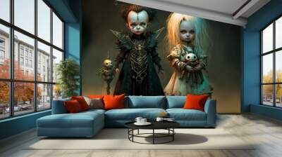 Terrifying horror dolls with skeleton and zombie. halloween concept. Mystical nightmare concept. Beautiful and spooky doll with Blue eyes. generative ai	 Wall mural