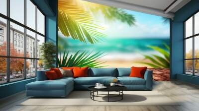 Top of wood table with seascape and palm tree, blur bokeh light of calm sea and sky at tropical beach background. Empty ready for your product display montage. summer vacation background concept.
 Wall mural