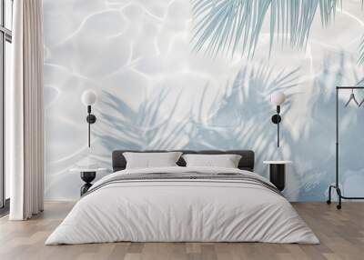 Top view of tropical leaf shadow on water surface. Shadow of palm leaves on white sand beach. Beautiful abstract background concept banner for summer vacation at the beach. Wall mural