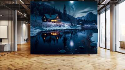 Winter holiday landscape. Сhristmas holiday. Fantastic winter forest landscape, mountains, lake house.  Digital art Wall mural