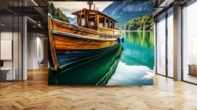 wooden boat on a mooring mountain lake. Wooden boat parked next to a old wooden dock with mountains on background. Reflection of the forest in the green water. digital ai	 Wall mural