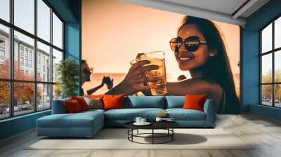 Young people celebrating summertime party holding cocktail glasses outside. Blurred friends have fun on the beach.  Summer vacations, lifestyle beverage concept. digital ai	 Wall mural