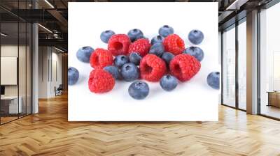 fresh raspberries and blueberries isolated on white background Wall mural