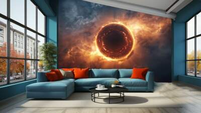  A black hole in the sky, depicted as a dark circular formation with a brilliant luminescent light emanating from its center Wall mural