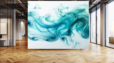  A blue and green smoky abstraction against a white backdrop, with text or logo space lower right Wall mural