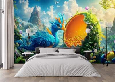  A blue bird beside an orange egg in a verdant forest teeming with flowers and plants Wall mural