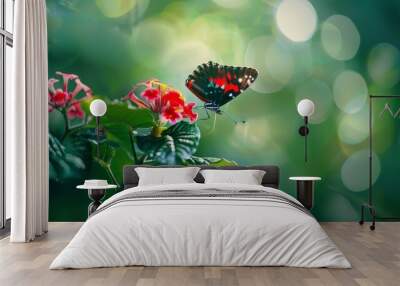  A butterfly atop a red flower, near a red-and-white bloom plant with green leafiness Wall mural