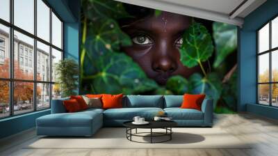  A child's face, peeking closely from a lush, green foliage, encircled by leaves Wall mural