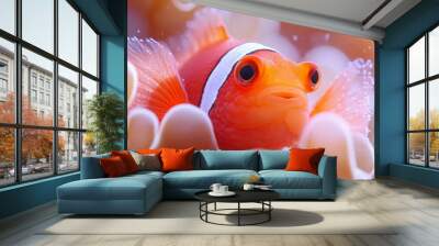  A clownfish with an orange body and a white stripe on its head swims near an anemone Wall mural