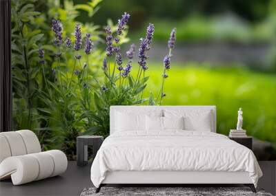  A collection of purple flowers atop a rock in a sea of green grass and beside a stony wall Wall mural