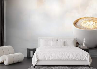  A cup of coffee with a heart drawing, surrounded by coffee beans on a pristine white table against a softly blurred backdrop Wall mural