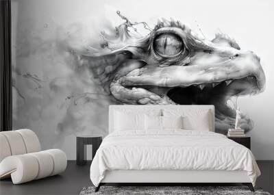  A drawing of a dragon's head, mouth agape, emitting smoke Wall mural