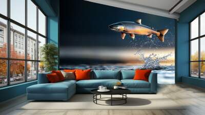  A fish leaping from the water, spraying a splash beneath its back fins Wall mural