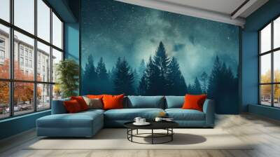  A forest teeming with numerous trees beneath a night sky adorned with multitudes of stars Wall mural