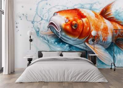  A golden fish painting with bubbles at its head and tail base Wall mural