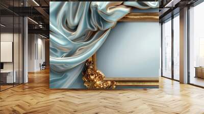  A golden frame atop a blue wall, flanked by a draped curtain and another golden frame above it Wall mural