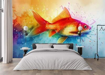  A goldfish painting in a vibrant blue-yellow-red-purple waterbackdrop, adorned with bubbles Wall mural