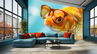  A goldfish wearing glasses over its head, situated before a pool of water Wall mural