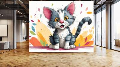   A gray-and-white cat with orange eyes and a shocked expression sits before a paint splatter Wall mural