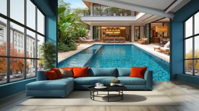   A house featuring a central swimming pool and lounge chair Wall mural