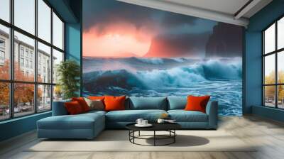  A large body of water with waves in the foreground and a distant cliff against a red-hued background Wall mural